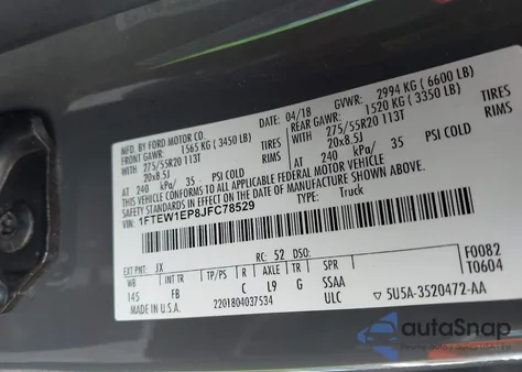 2018 Ford F-150 Xlt из США, поврежденный, VIN 1FTEW1EP8JFC78529